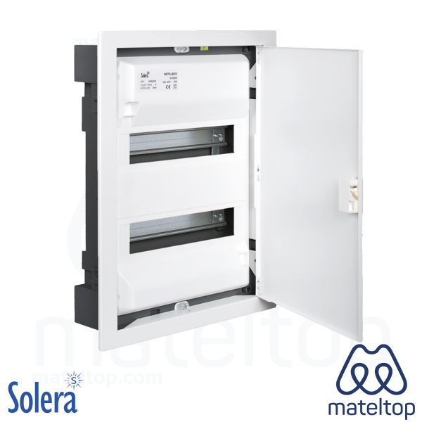 Caja de distribucion de empotrar para 28 elementos. Marco y puerta metálicos color blanco.