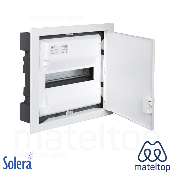 Caja de distribución de empotrar para 14 elementos. Marco y puerta metálicos color blanco.