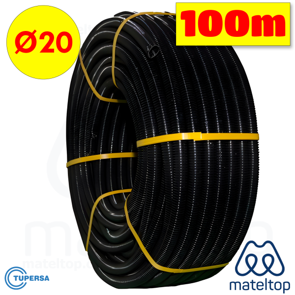 Tubo flexible de PVC corrugado forrado diámetro 20 negro.